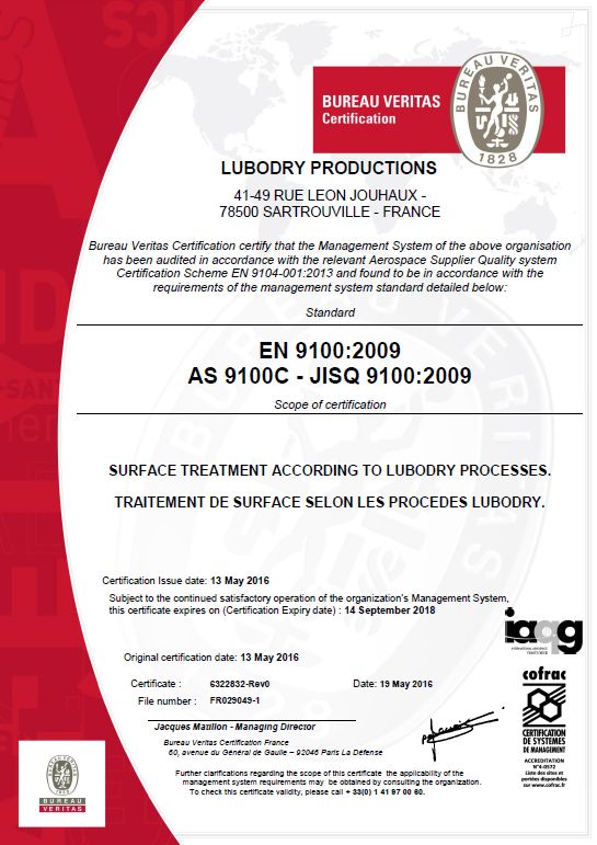 EN 9100 : 2009 / AS 9100 C / JISQ 9100 : 2009 Certification granted to LUBODRY Productions !