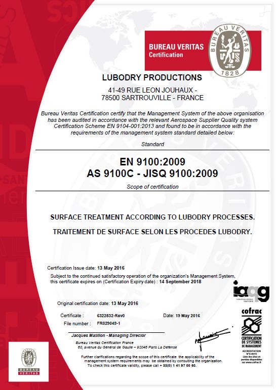 Certification EN 9100 : 2009 / AS 9100 C / JISQ 9100 : 2009 attribuée à LUBODRY Productions ! Certification EN 9100 : 2009 / AS 9100 C / JISQ 9100 : 2009 attribuée à LUBODRY Productions !