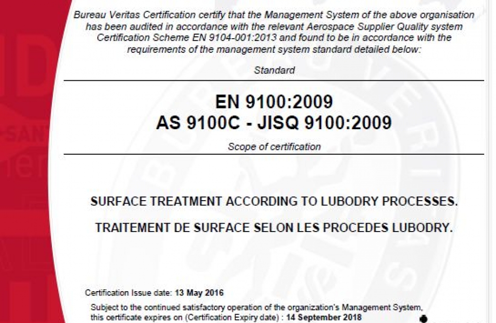 EN 9100 : 2009 / AS 9100 C / JISQ 9100 : 2009 Certification granted to LUBODRY Productions !